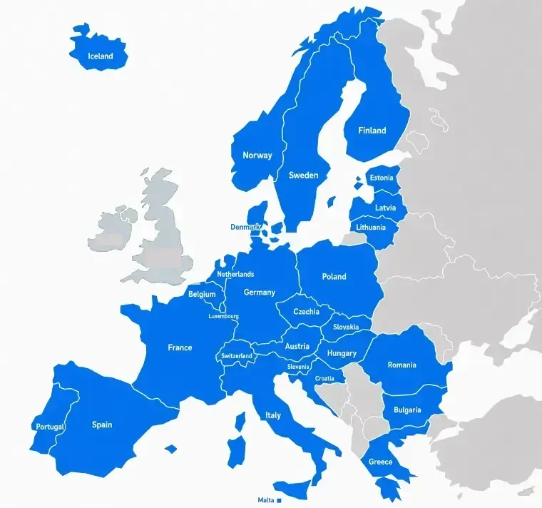Mapa de Europa con los 29 países cubiertos en azul